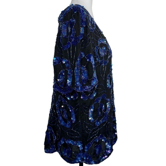 Vintage Sequined Top 100% Silk‎ Blouse Glam Laurence Kazar Black Blue Size 1X - Picture 2 of 11